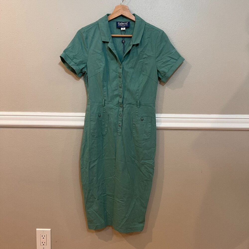 SOLD—Collectif vintage London collared pencil dress nurse teal Size 6